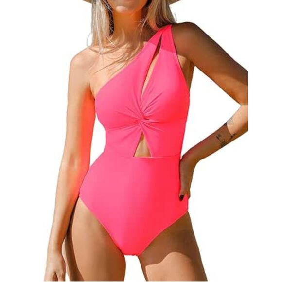 Cupshe Other - Cupshe Cutout Twist One Shoulder Back Tie One Piece Swimsuit Neon Pink Large